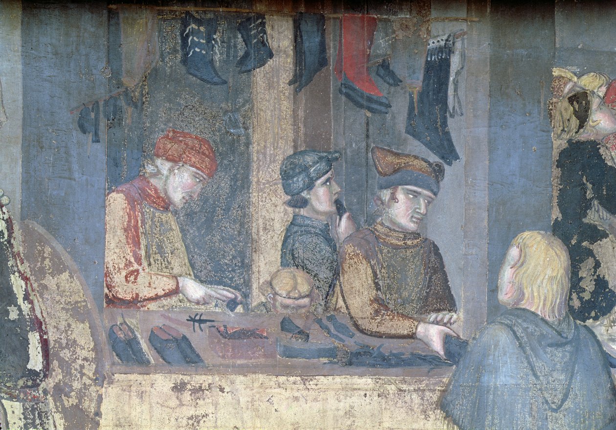 Efeitos do Bom Governo na Cidade, detalhe de um comerciante e artesãos na sapataria de Ambrogio Lorenzetti