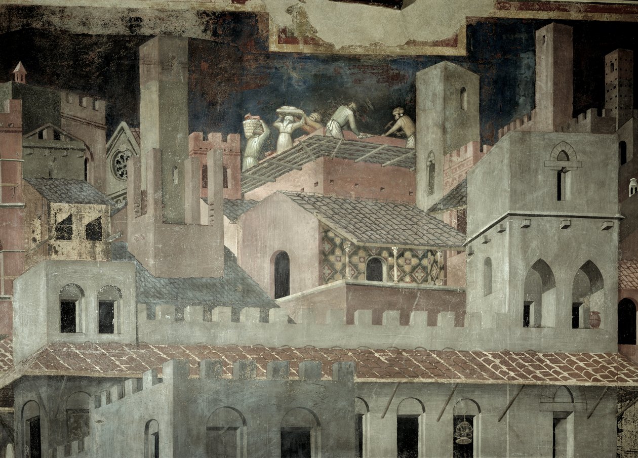 Efeitos do Bom Governo na Cidade, detalhe da arquitetura e construção de uma casa de Ambrogio Lorenzetti