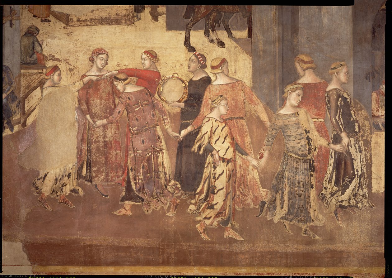 Efeitos do bom governo na cidade, detalhe de dançarinos e tocadores de pandeiro, 1338-40 de Ambrogio Lorenzetti