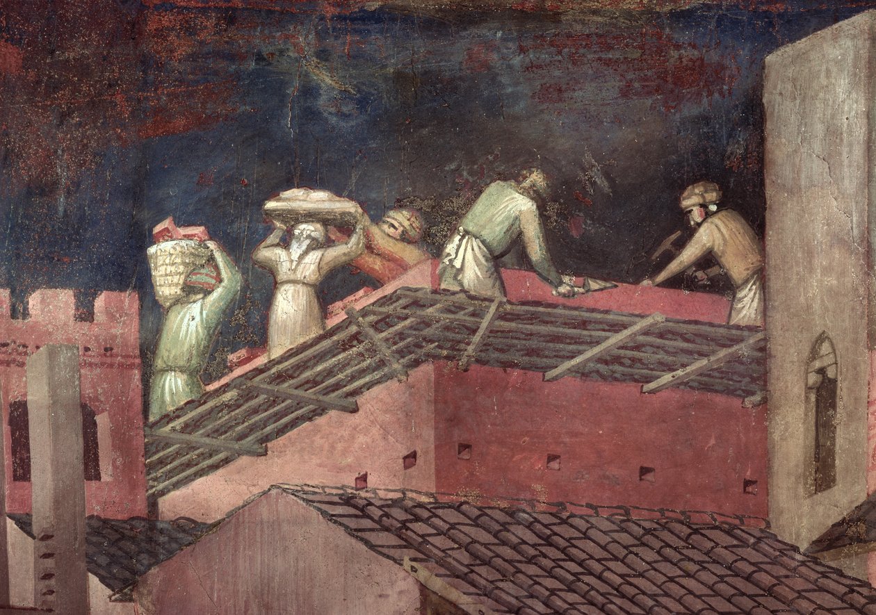 Efeitos do Bom Governo na Cidade, detalhe dos trabalhadores construindo uma casa de Ambrogio Lorenzetti