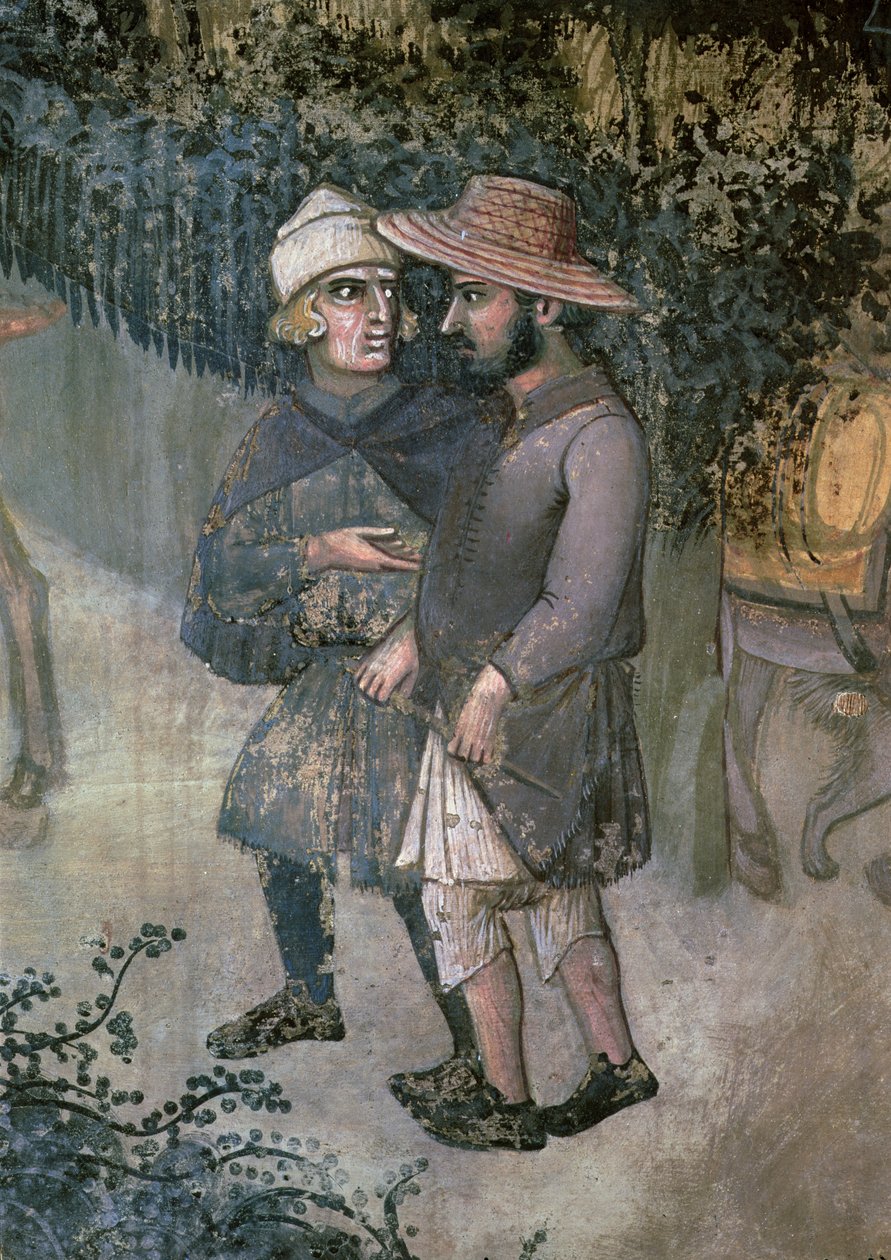 Efeitos do Bom Governo no Campo, detalhe de dois homens caminhando e conversando de Ambrogio Lorenzetti