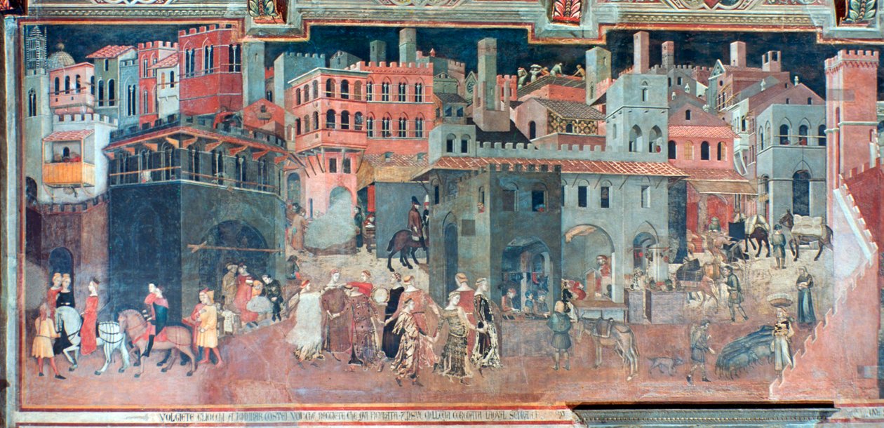 Efeitos do bom governo na vida urbana, detalhe, c1330 de Ambrogio Lorenzetti