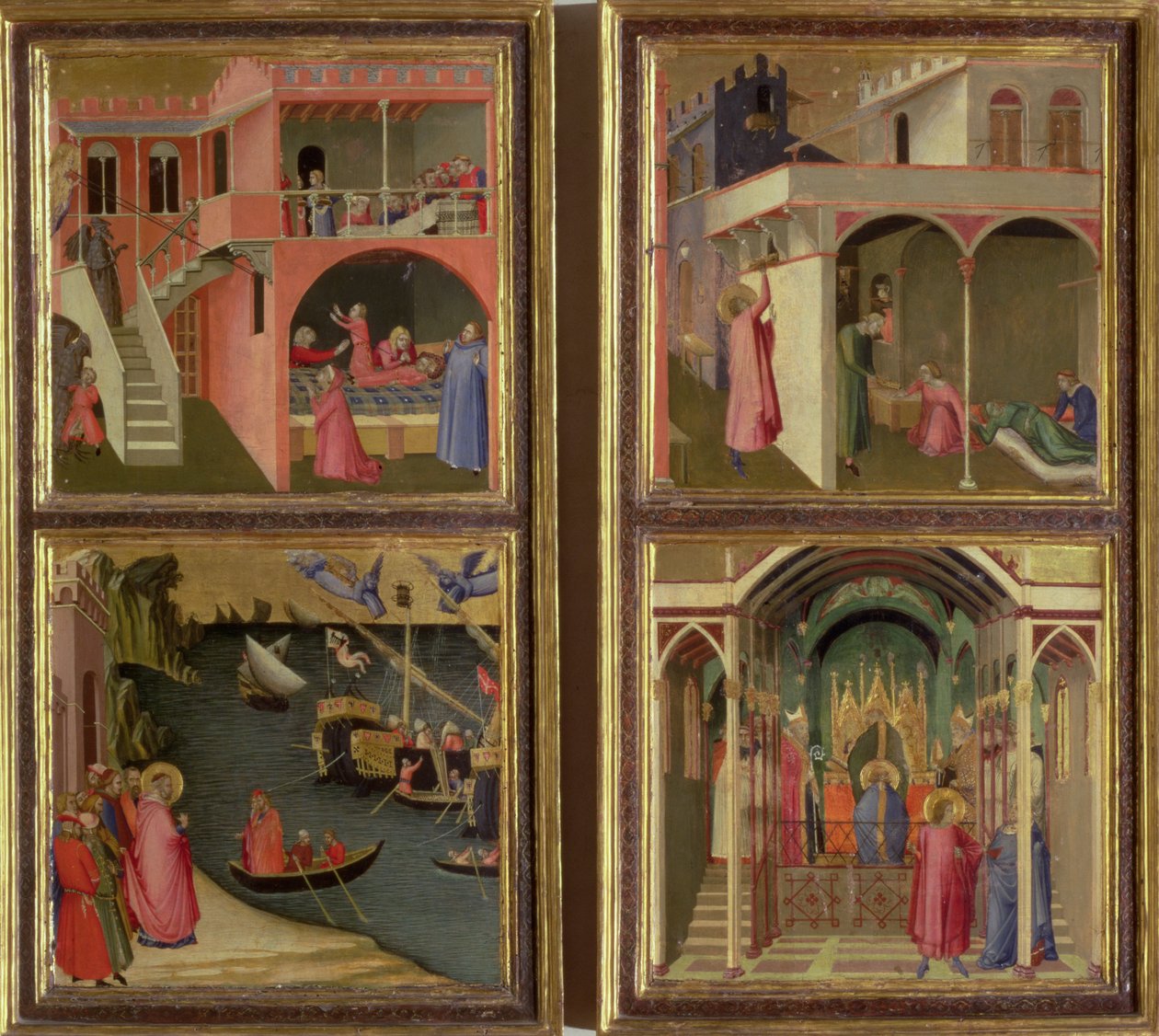 Quatro cenas da vida de São Nicolau: São Nicolau dá a três garotas seu dote; São Nicolau eleito bispo de Mira; Ressuscitando um menino estrangulado pelo diabo; Libertando Mira da fome de Ambrogio Lorenzetti