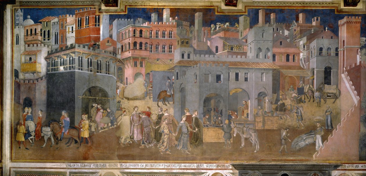"Os efeitos do bom e mau governo na cidade e no campo". Pormenores da cidade. Fresco por Ambrogio Lorenzetti (1290-1348) de Ambrogio Lorenzetti