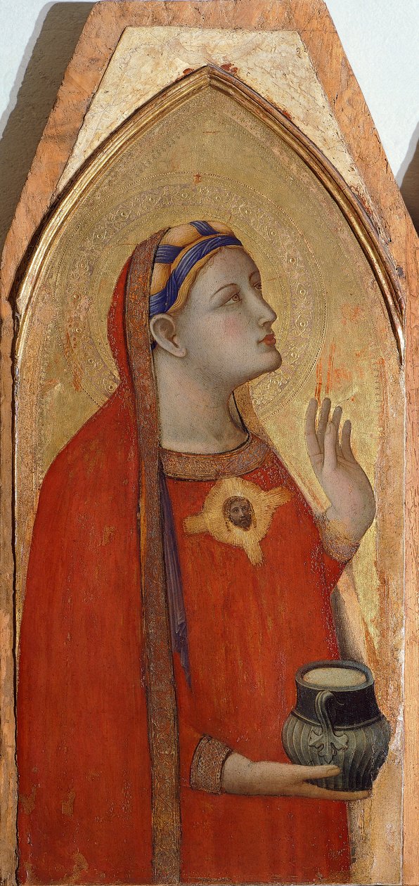 Maria Madalena, detalhe de Tríptico representando Madonna e Criança com Maria Madalena e Santa Doroteia por Ambrogio Lorenzetti (1290-ca 1348), óleo sobre madeira de Ambrogio Lorenzetti