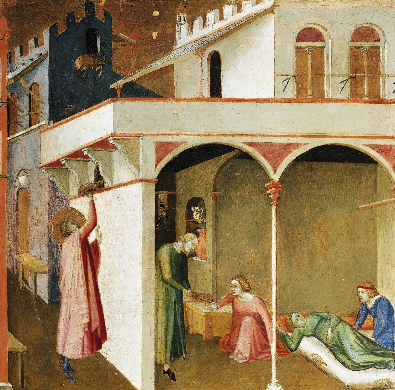 Nicolas joga dinheiro na casa de três jovens para evitar que elas se prostituam, dando-lhes dinheiro para o casamento. Cenas da Vida de São Nicolau (Tempera em madeira de Ambrogio Lorenzetti