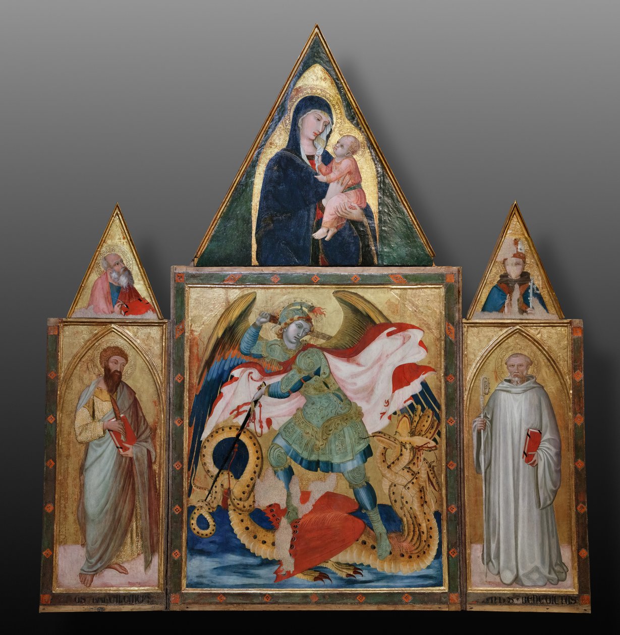 São Miguel Arcanjo matando o dragão entre os santos Bento e Bartolomeu (têmpera sobre painel) de Ambrogio Lorenzetti