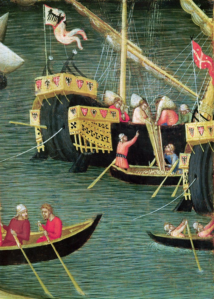 São Nicolau salva Mira da fome, detalhe de um navio, c.1327-32 (tempera no painel) de Ambrogio Lorenzetti
