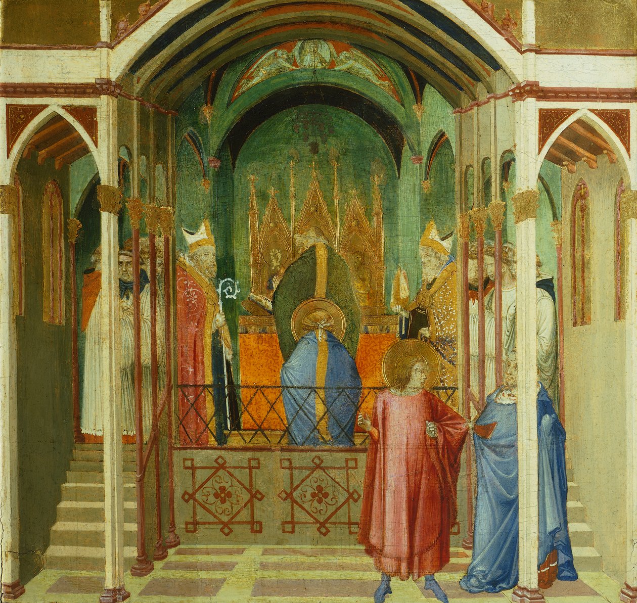 A consagração de São Nicolau de Mira, detalhe dos milagres de São Nicolau de Bari, de Ambrogio Lorenzetti (1290-ca 1348), tempera sobre madeira de Ambrogio Lorenzetti