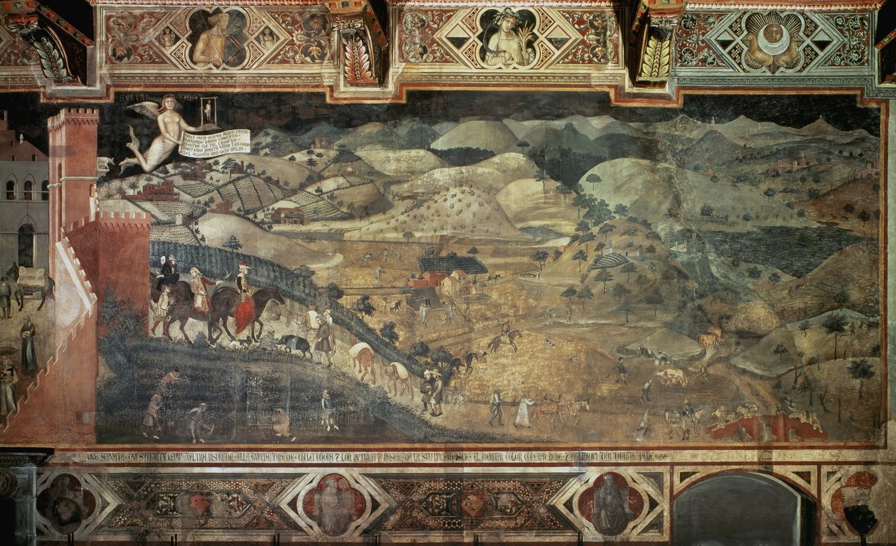 O campo (detalhe de Os efeitos da boa governação nas cidades e no campo) - Fresco por Ambrogio Lorenzetti (1285-1348?) , 390x810 cm de Ambrogio Lorenzetti