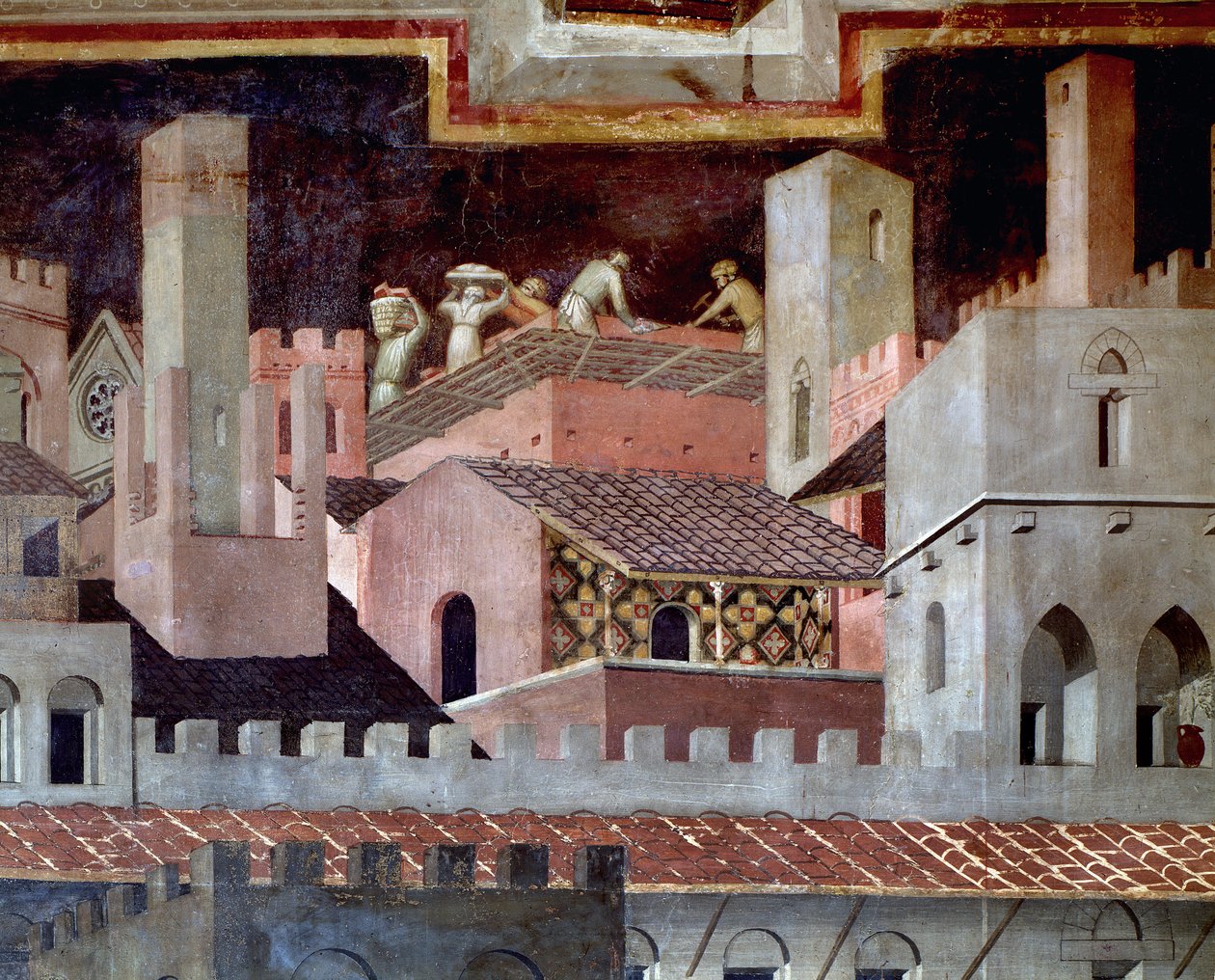 Os efeitos do bom e mau governo sobre a cidade e o campo. Detalhe dos efeitos do bom governo na cidade - 1338-1340, Fresco de Ambrogio Lorenzetti
