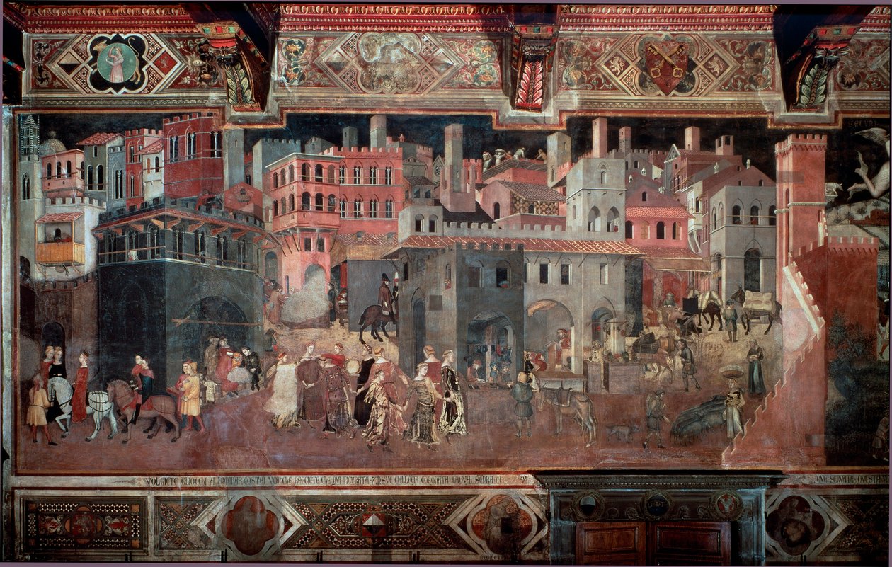 "Os efeitos de um bom e mau governo na cidade e no campo." Pormenores da cidade. Fresco por Ambrogio Lorenzetti (1290-1348) de Ambrogio Lorenzetti