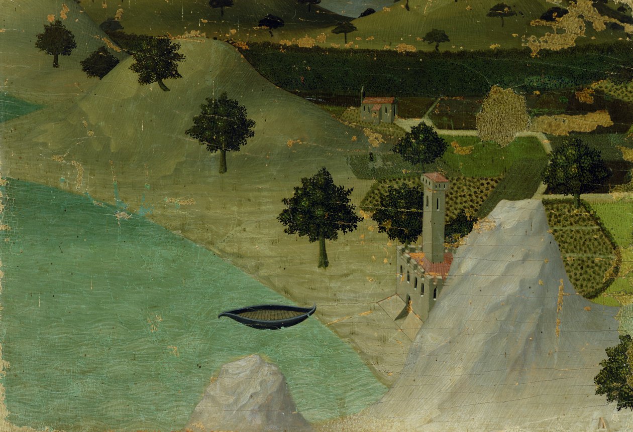 Vista de um castelo à beira de um lago de Ambrogio Lorenzetti