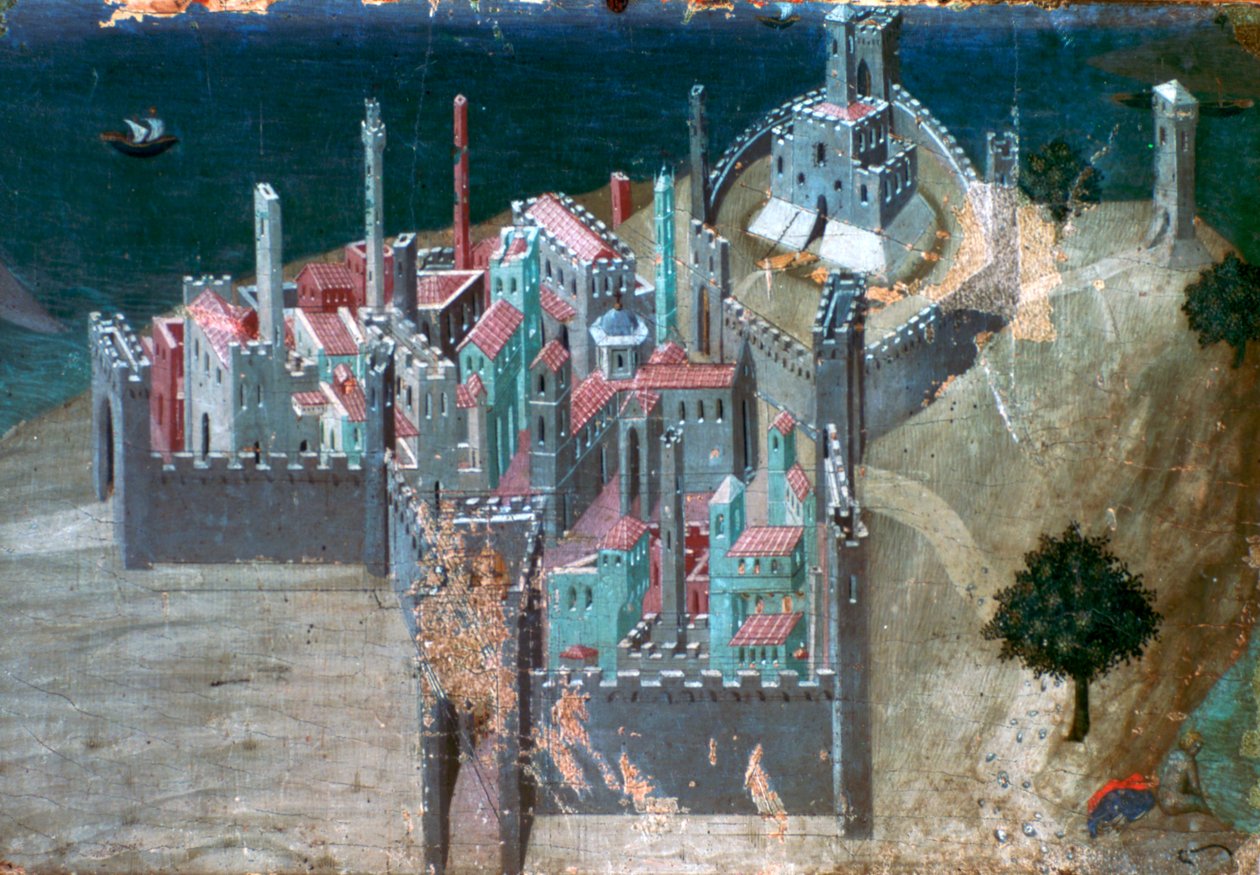 Vista de uma cidade costeira, c1300-1348 de Ambrogio Lorenzetti