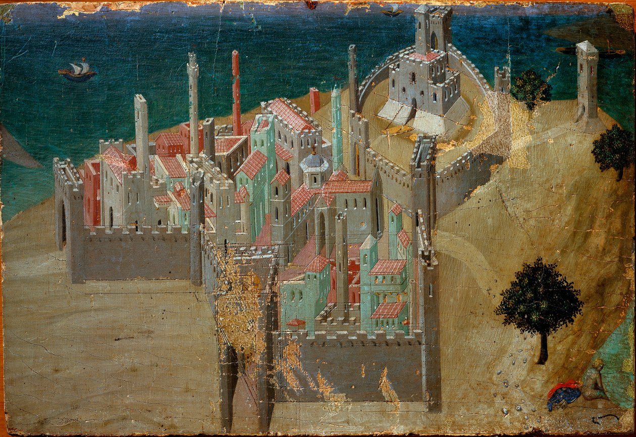 Vista de uma cidade fortificada perto do mar Detalhe. Detrempe sobre madeira de Ambrogio Lorenzetti de Ambrogio Lorenzetti