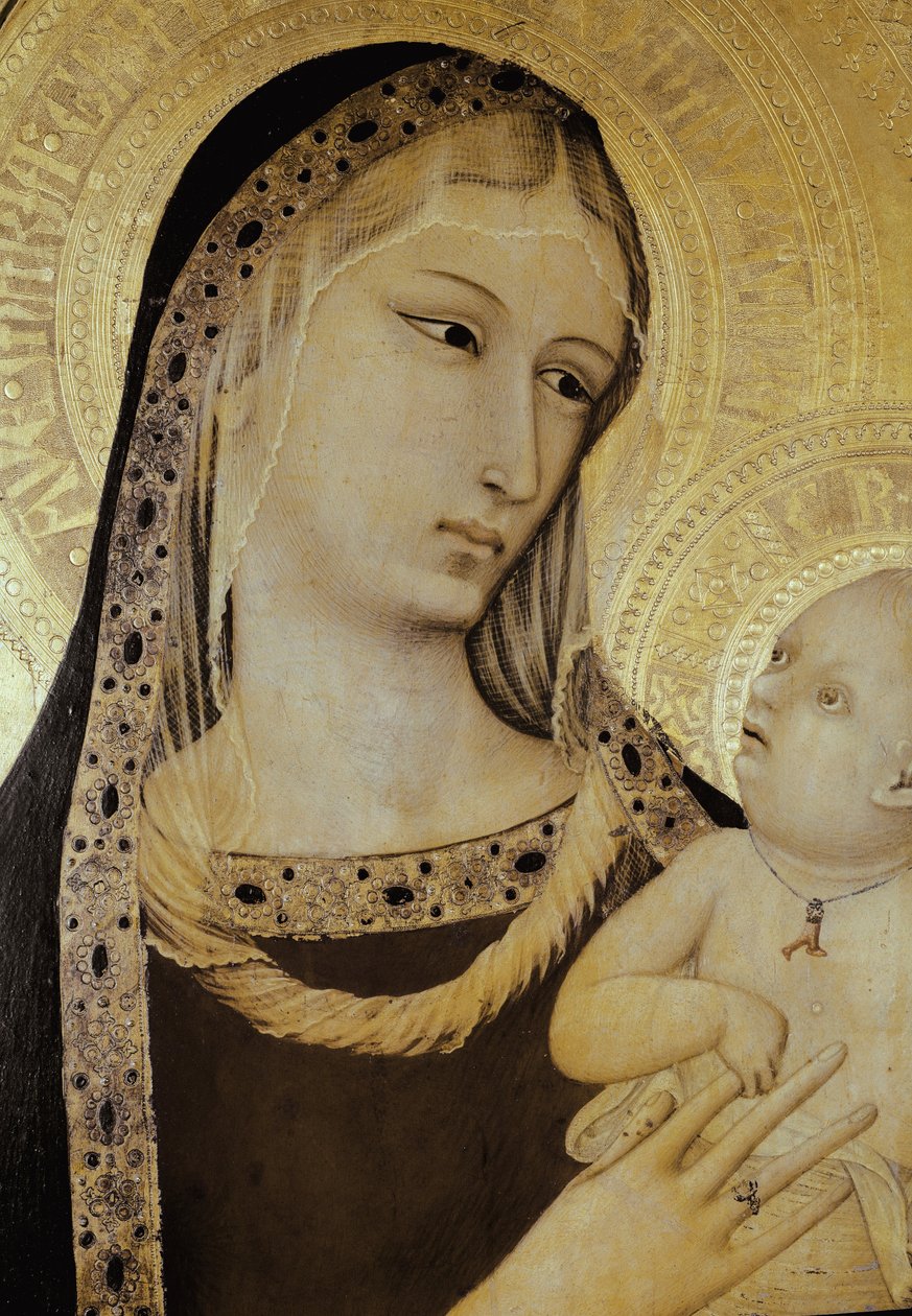 Virgem e Criança, detalhe. Tríptico de São Procurador (Tempera em madeira de Ambrogio Lorenzetti