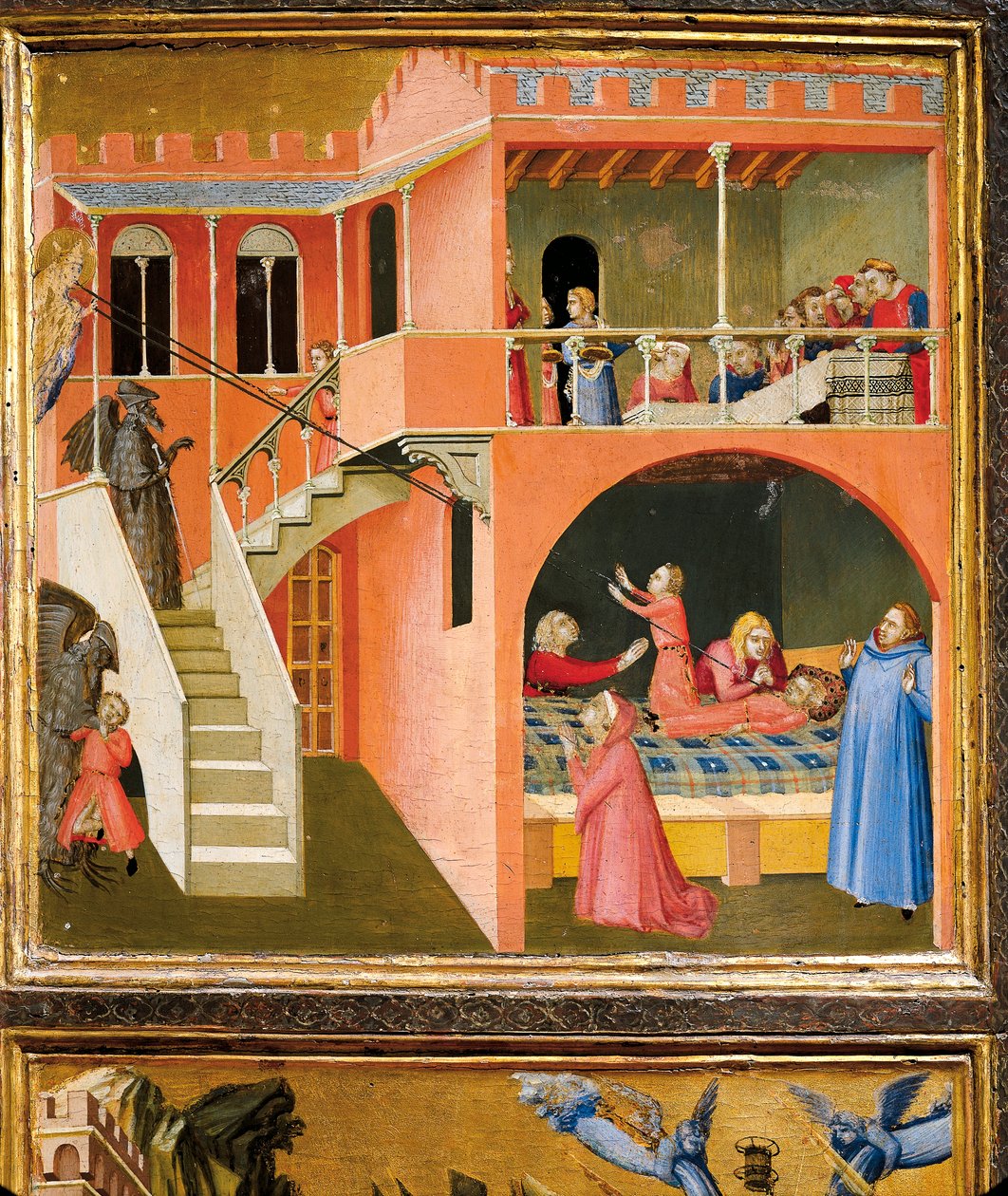 milagre de São Nicolau reavivando menino posado por demônio, detalhe de milagres de São Nicolau de Bari de Ambrogio Lorenzetti