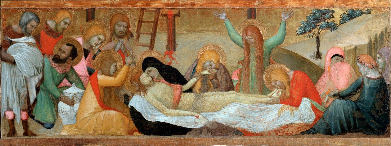 a Pieta (Predella da Virgem e da Criança políptico) - tempera e ouro no painel de Ambrogio Lorenzetti