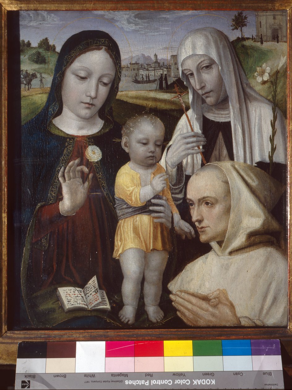 Madonna e Criança, Santa Catarina de Sena e um monge cartaginês de Ambrogio da Fossano (c.1460 1523)