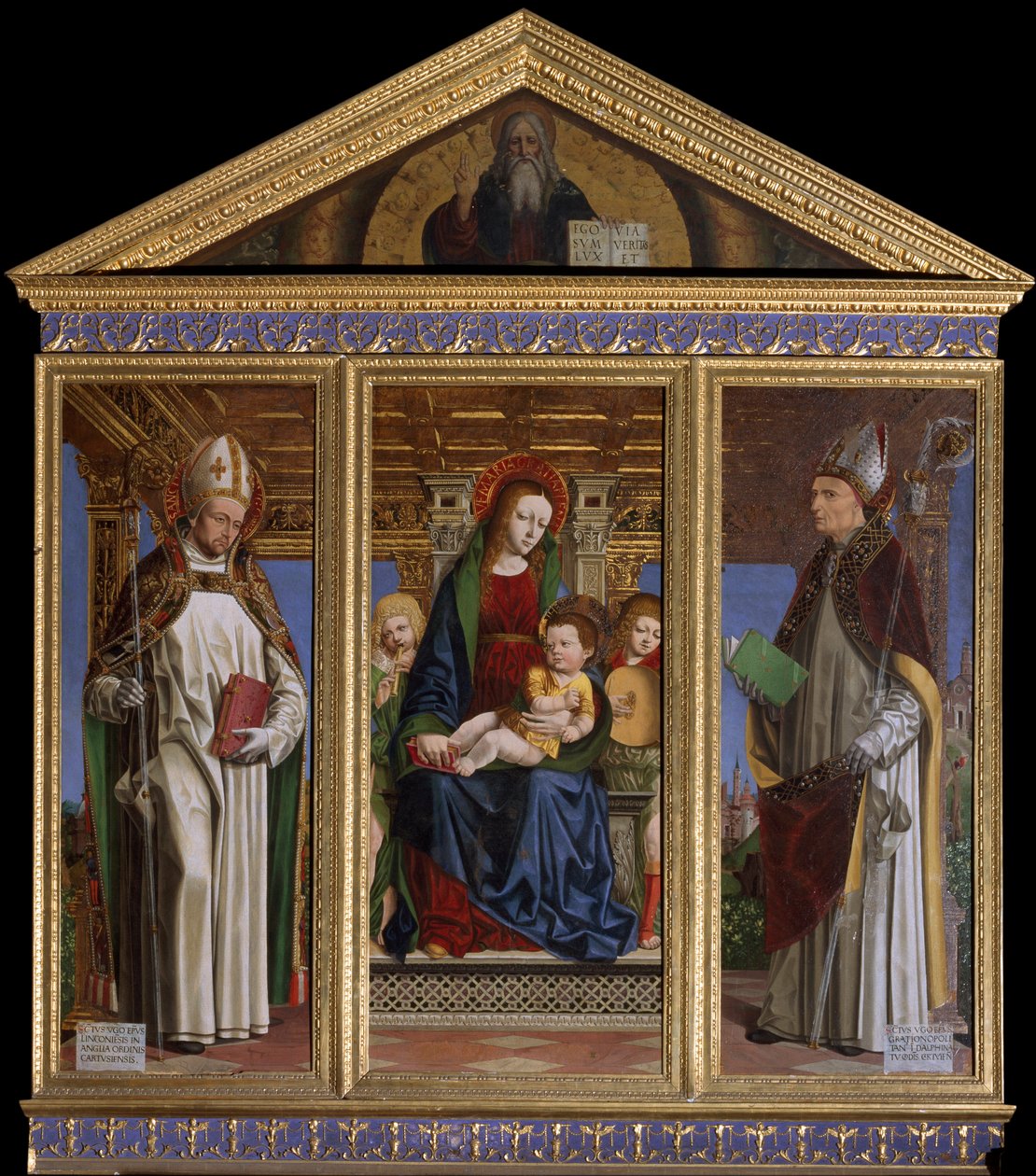 Virgem e Criança com os Santos São Hugh de Avalon (ou Hugh de Lincoln) (1140-1200) e São Hugh de Grenoble (ou Hugh de Chateauneuf) (1053-1132) Pintura de Ambrogio da Fossano dit il Bergognone (1481-1522) Cathedrale Saint Just, Susa, Turim de Ambrogio da Fossano (c.1460 1523)