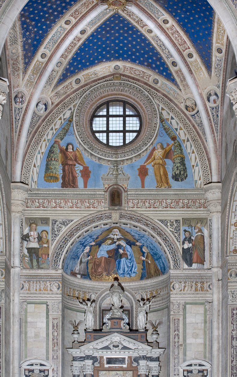 Coroação da Virgem Maria com Deus e o Espírito Santo entre Francesco e Ludovico Sforza, 1500-1522 de Ambrogio da Fossano