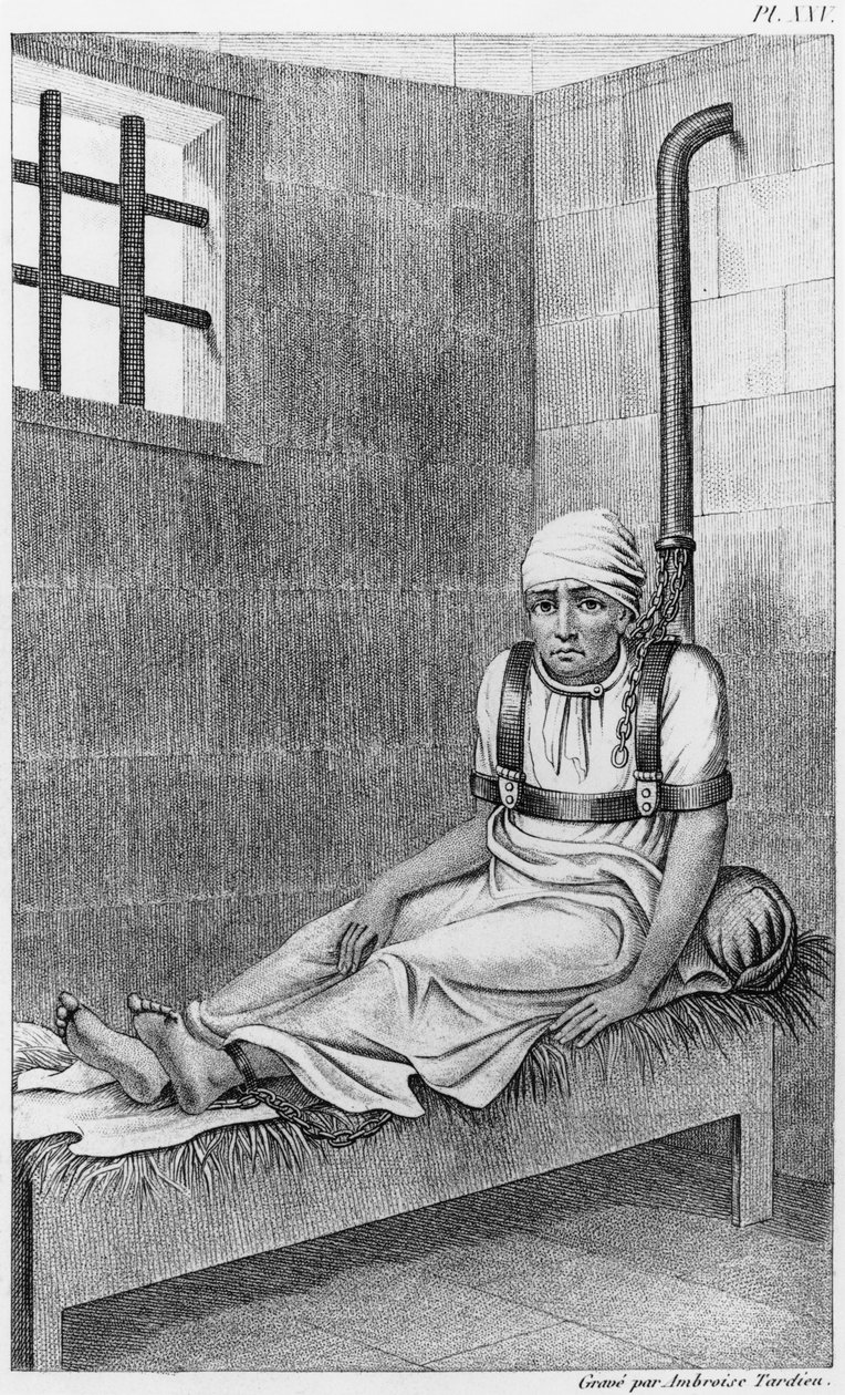 Acorrentado insano em Bedlam, ilustração de &39;Doenças Mentais consideradas médicas, higiênicas e médico-legais&39; por Stephen Esquirol (1772-1840) placa XXV, 1838 (bw pho de Ambroise Tardieu
