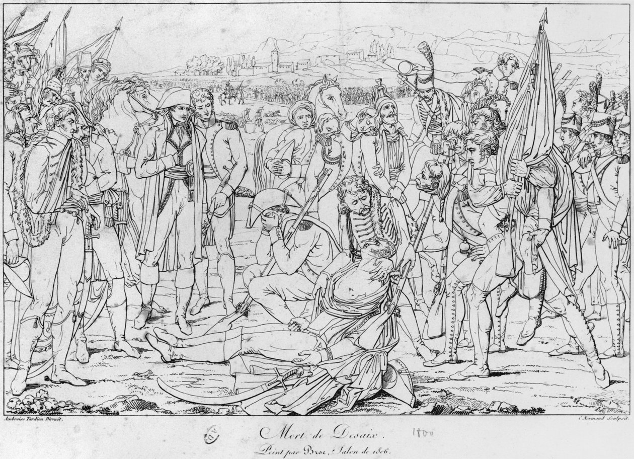 Morte do general Desaix na batalha de Marengo em 14 de junho de 1800, após uma pintura de Jean Broc, Salon de 1806, gravada por Charles Normand (1765-1840) de Ambroise Tardieu