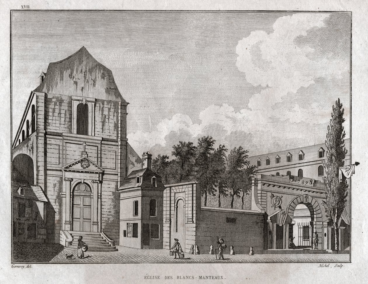 A igreja dos Blancs Manteaux no bairro de Marais, em Paris. cerca de 1780 (gravura) de Ambroise Louis Garneray