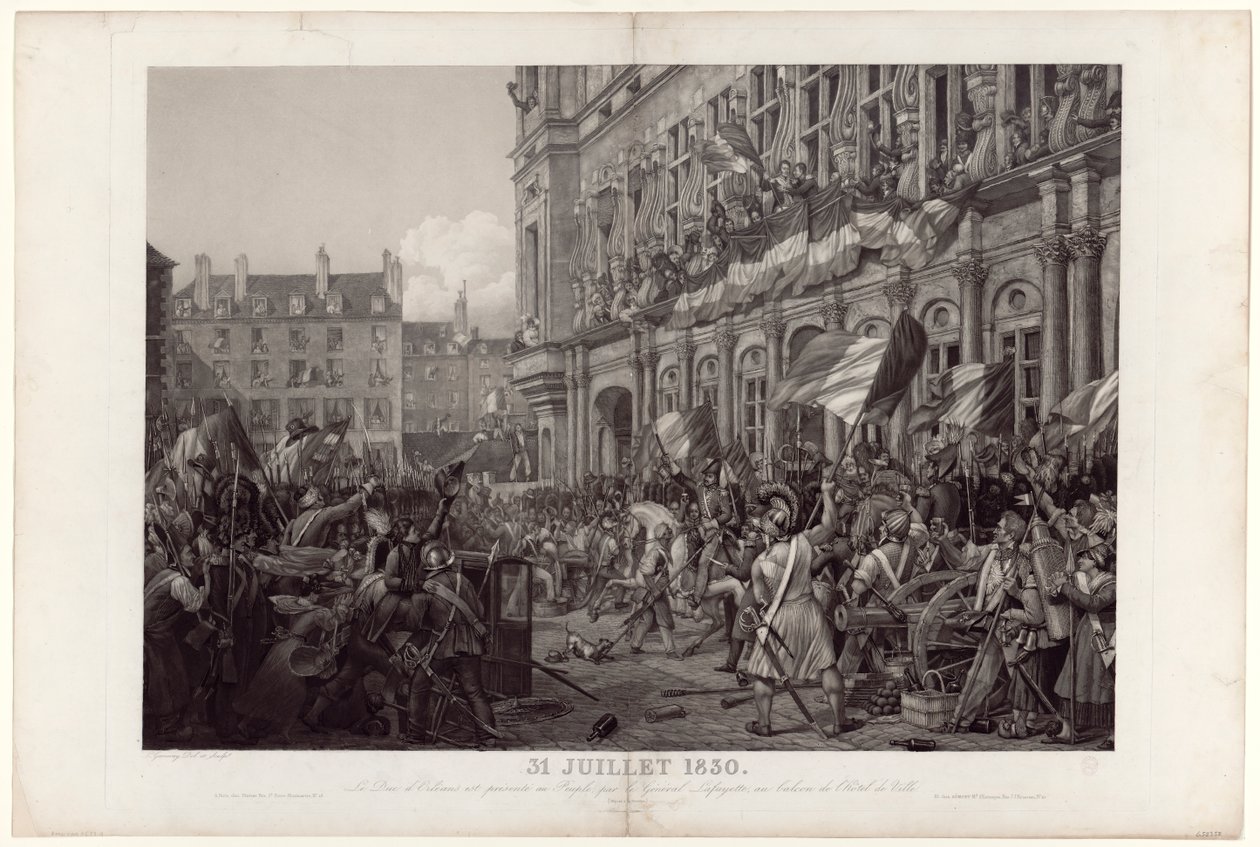 O duque de Orleães foi apresentado ao povo pelo general La Fayette na varanda do Hôtel de Ville em 31 de julho de 1830. de Ambroise Louis Garneray