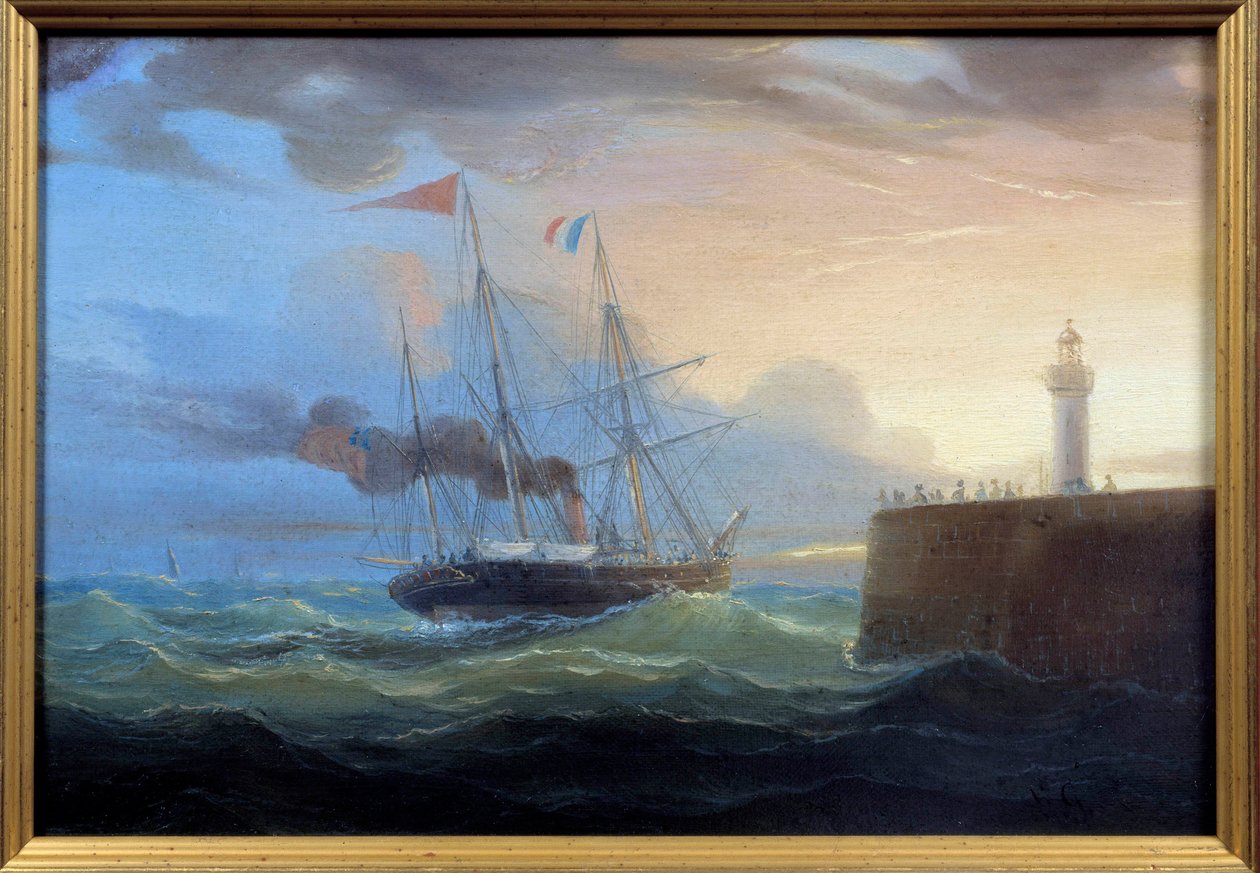 Vapor Saindo do Porto Pintura de Louis Garneray (1783-1857) Fecamp do século XIX, Museu da Terra Nova de Ambroise Louis Garneray