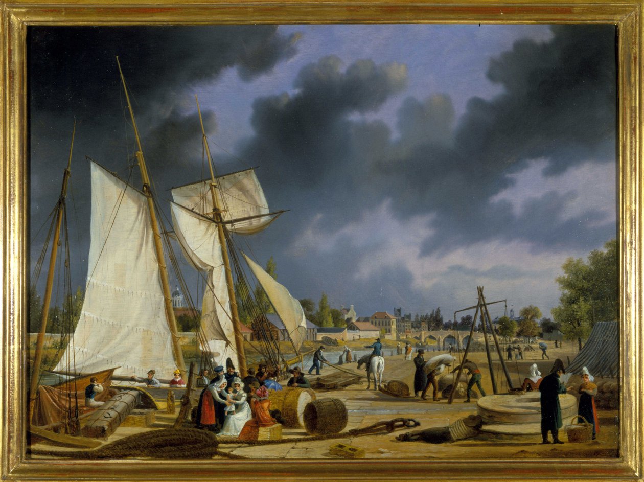 O porto de Caen, por Louis Garneray, sd. cerca de 1820, Óleo sobre tela, H. 0,330; L. 0,460. CCIP Coll. de Ambroise Louis Garneray