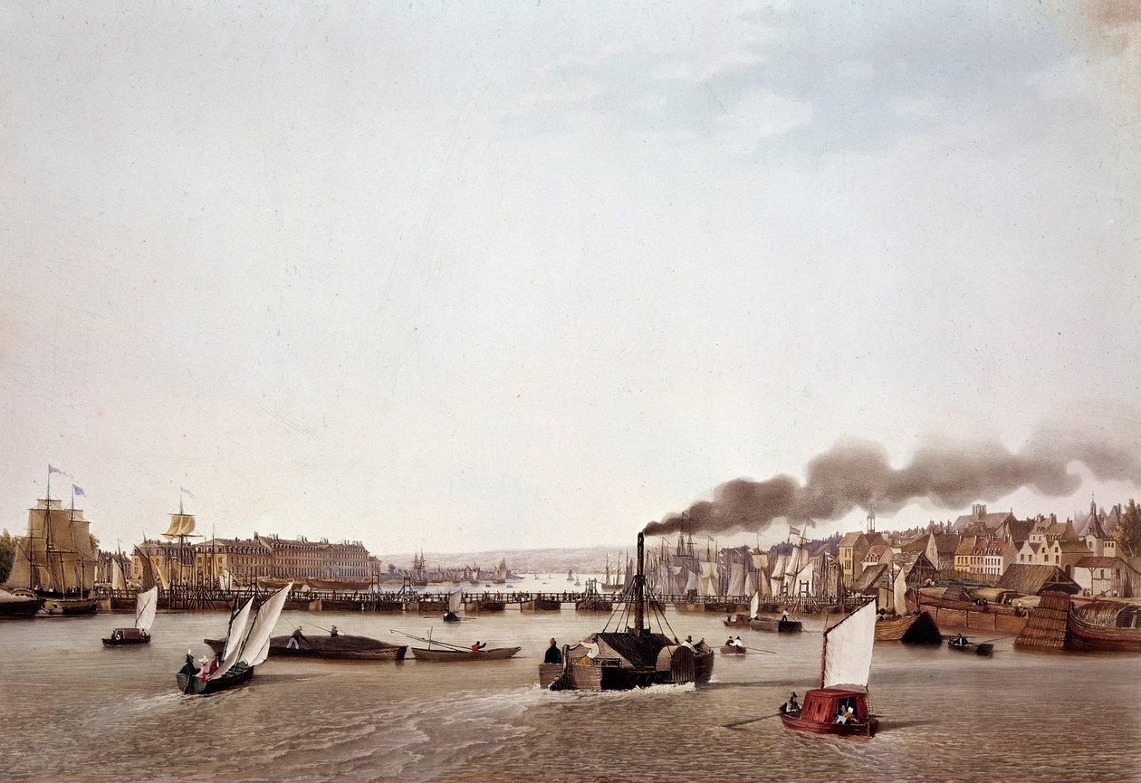 Vista do tráfego fluvial no Sena para Rouen. Aguarela de Ambroise Louis Garneray (1783-1857) Paris do século XIX, B.N. de Ambroise Louis Garneray
