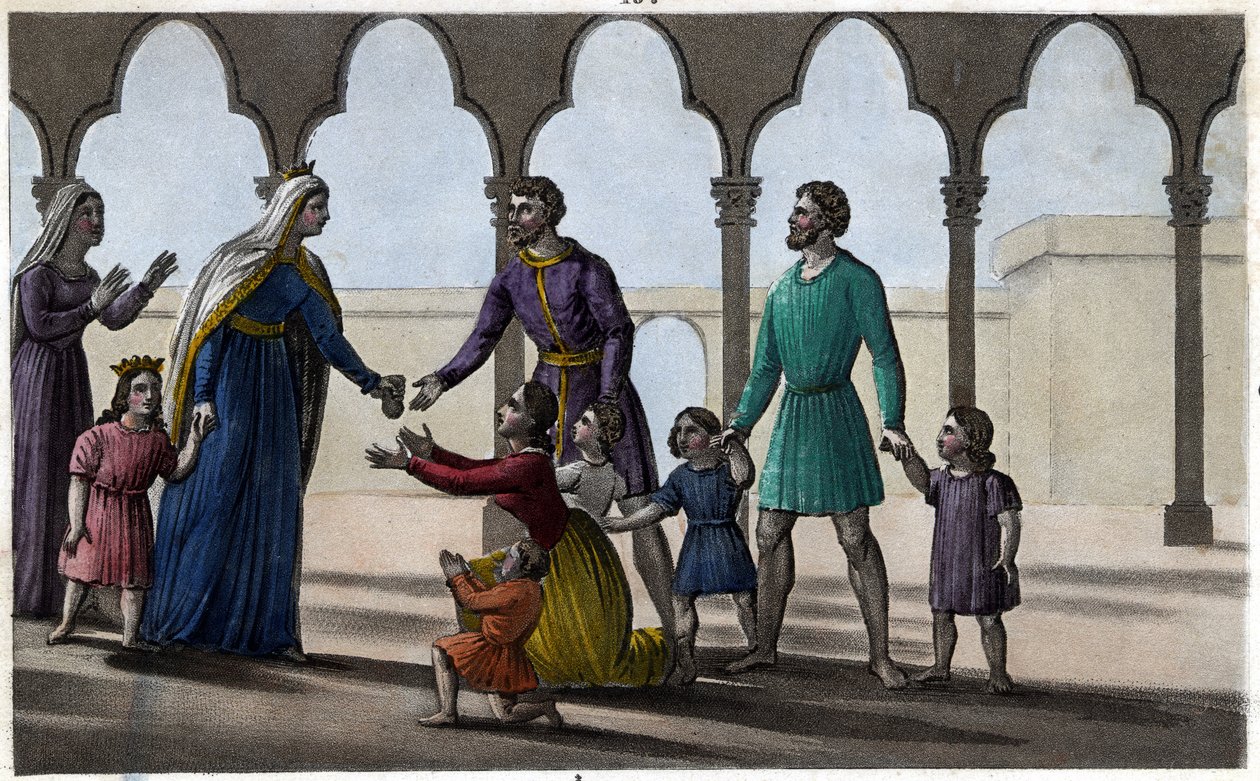 Batilde (ou Bathilde, esposa de Clóvis II) abole um tributo caro que os gauleses pagavam per capita, grandes e pequenos. - Abadia de Chelles. Desenhado e gravado por Ambroise Tardieu em 1825. de Ambroise Tardieu
