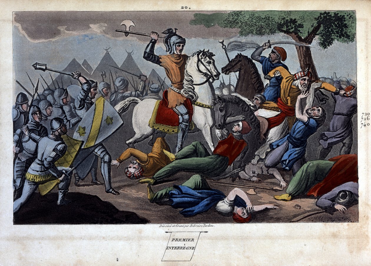 Batalha de Poitiers: Charles Martel derrotado entre Tours e Poitiers Abd al-Rahman I ou Abderamane I (Abd al-Rahman) (731-788), rei dos Sarracenos em 732 - Desenhado e gravado por Ambrose Tardieu em 1825. de Ambroise Tardieu