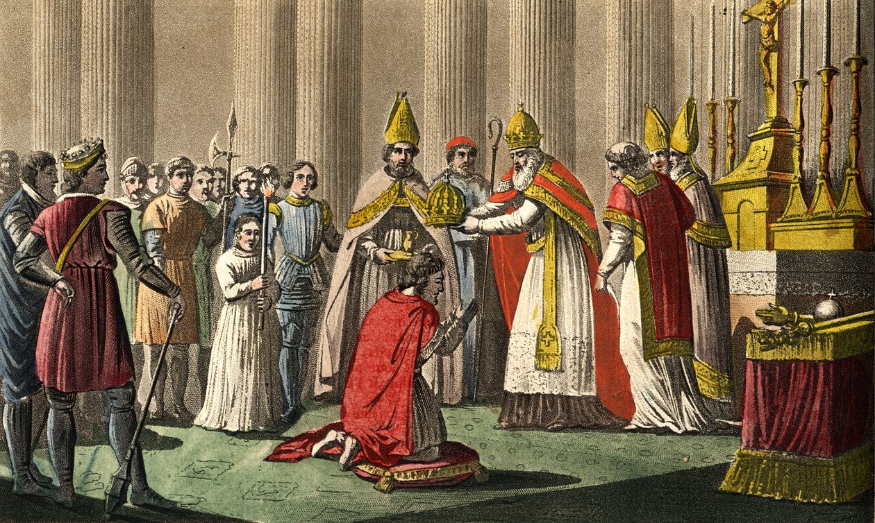 Carlos Magno (742-814) coroado pelo Papa Leão III (c750-816) na basílica de São Pedro, em Roma, em 25 de dezembro de 80 - Sagrado (Coroação) de Carlos Magno (742 - 814) em 800 pelo Papa Leão III. Desenhado e gravado por Ambroise Tardieu em 1825. de Ambroise Tardieu
