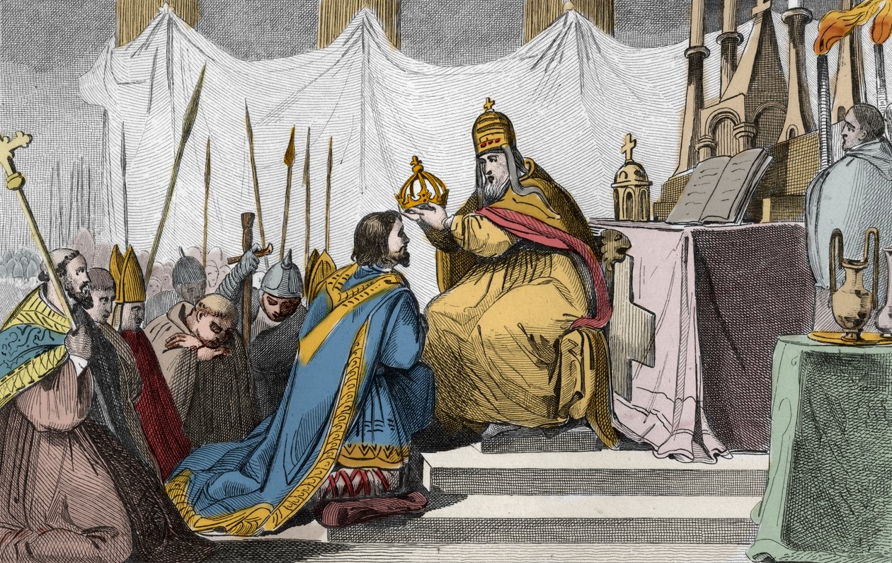 Carlos Magno (742-814) coroado pelo Papa Leão III (c750-816) na basílica de São Pedro, em Roma, em 25 de dezembro de 800 - Sagrado (Coroação) de Carlos Magno (742-814) e 800 pelo Papa Leão III - Gravura de 1825 na "Histoire de France" representada por pint de Ambroise Tardieu