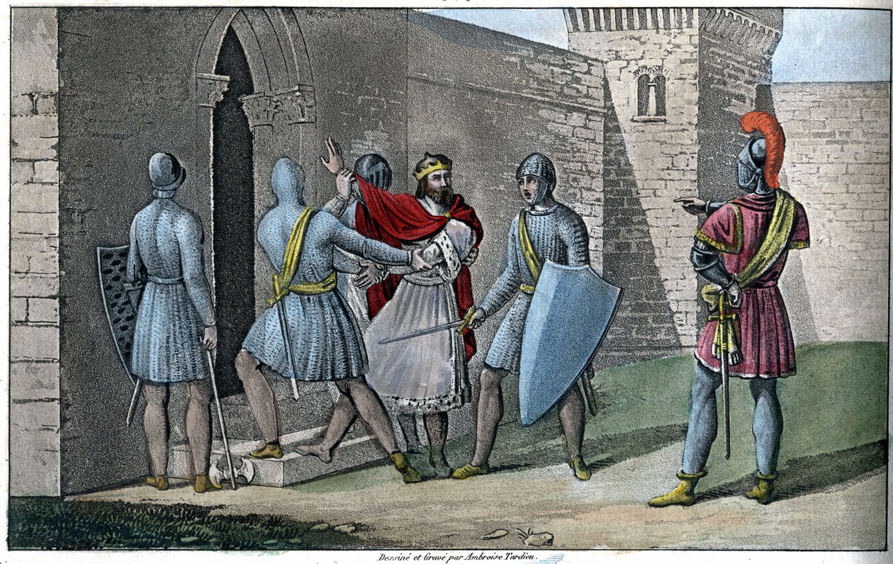 Carlos III, "O Simples" (879-929), dinastia Carolíngia. Detrone em 922 e forçado a salvar-se, refugiou-se com Herbert II de Vermandois (ca. 880-943) que o manteve prisioneiro no castelo de Peronne em 923. - Desenhado e gravado por Ambroise Tardi de Ambroise Tardieu