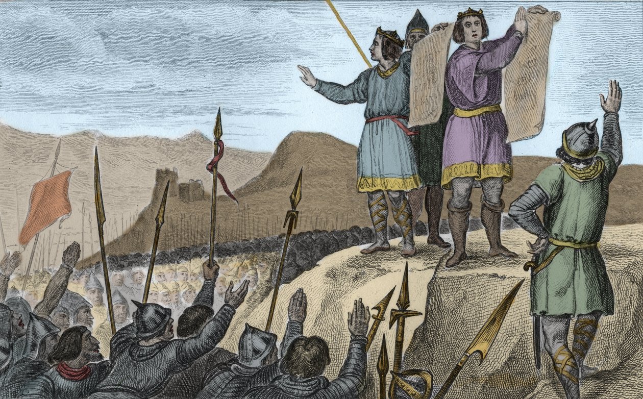 Carlos II (823-77), o Careca e seu irmão Luís, o Alemão, fazem tratado em Estrasburgo em 842 - Juramentos de Estrasburgo pronunciados por Carlos II, o Careca (823-877), Rei de França e Imperador do Ocidente, e Luís, o Germânico, 14 de Fevereiro de 842 - Gr de Ambroise Tardieu