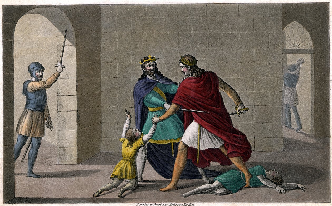 Childebert I deixou Clotaire (Clothaire) matar os filhos de seu irmão Clodomir, rei de Orleans, cujos estados eles compartilham. Desenhado e gravado por Ambroise Tardieu em 1825. de Ambroise Tardieu