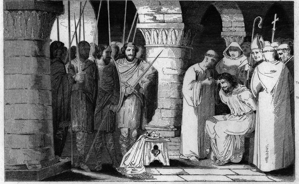 Childeric III (714-751) é destronado e confinado a um mosteiro - Childeric III detrone e encerrado por Pepin le Brit num mosteiro em Saint Omer entre 742-749 - Gravura de 1825 em "Histoire de France" representada por pinturas sinópticas dedicadas ao c de Ambroise Tardieu