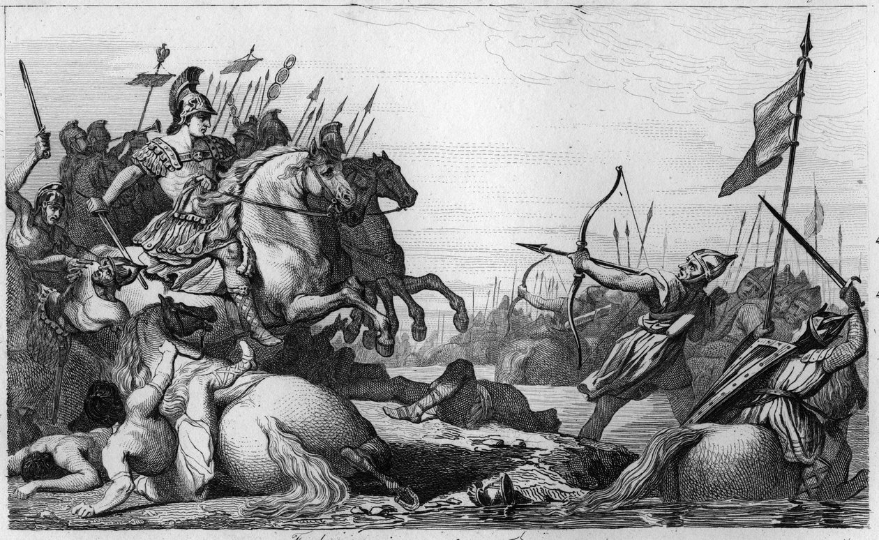 Clodion, O Cabeludo (c428-47) Retira-se através da Ponte depois da sua Derrota por Écio - Clodion dit "Le Chevelu" (ca. 428-ca. 448), antepassado dos Merovingianos, líder dos Francos Salianos - Clodion é derrotado por Écio, general de Valentinien III, que de Ambroise Tardieu
