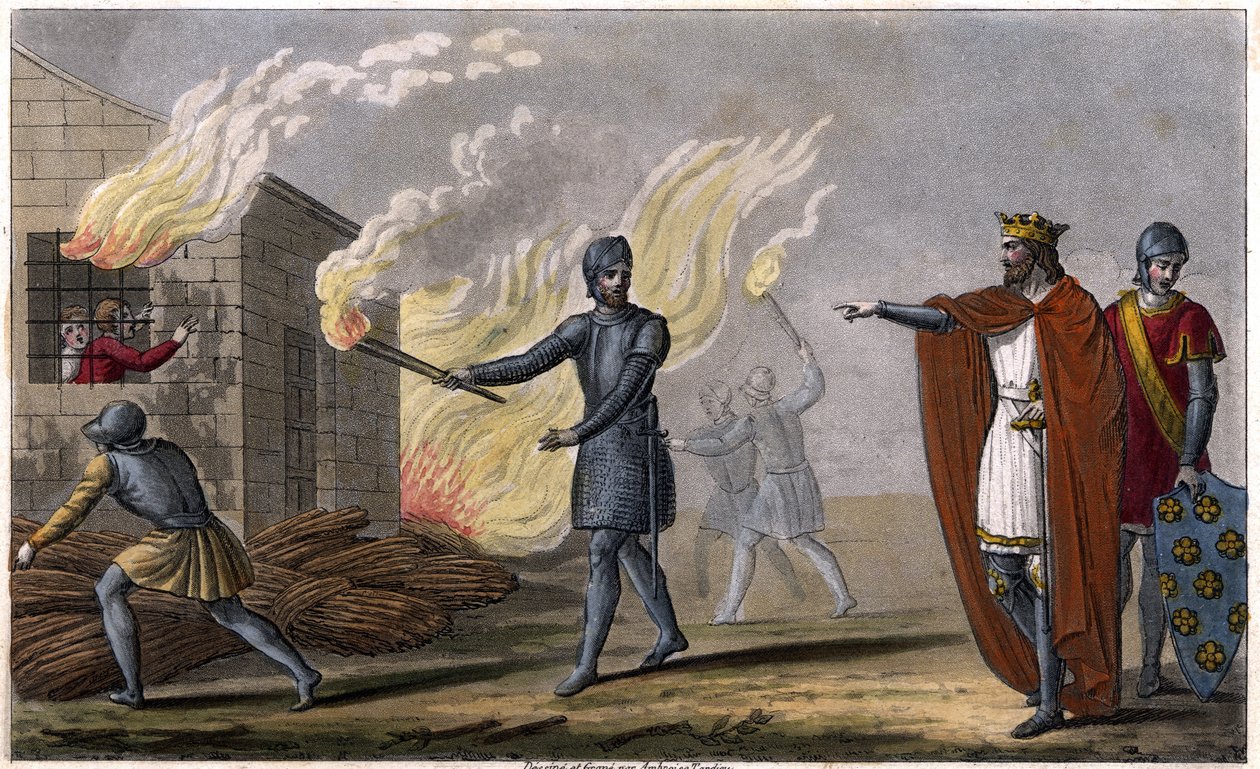 Clotaire (Clothaire) I (497 - 561) queima seu filho Chramne em uma cabana, revolta-se contra ele - Reinado de Clotário. Clotaire queimou em uma cabana seu filho Chramne se rebelou contra ele - Dessine et grave por Ambroise Tardieu em 1825. de Ambroise Tardieu