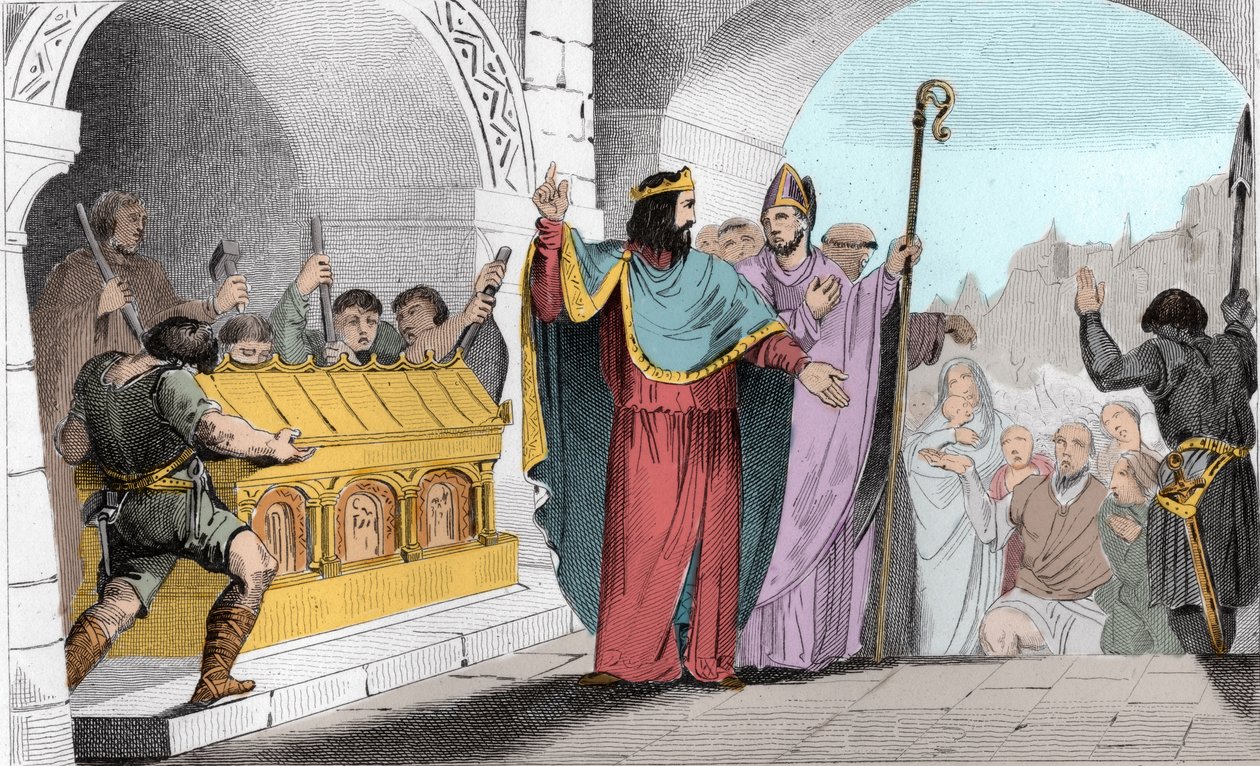 Clovis II (635-657) Vendendo Prata e Ouro do Santuário para Alimentar os Pobres - Clovis II disse "le Faineant" para alimentar os pobres fez as lâminas de ouro e prata removidas da igreja de Saint-Denis - Gravura 1825 em "Histoire de France representado po de Ambroise Tardieu