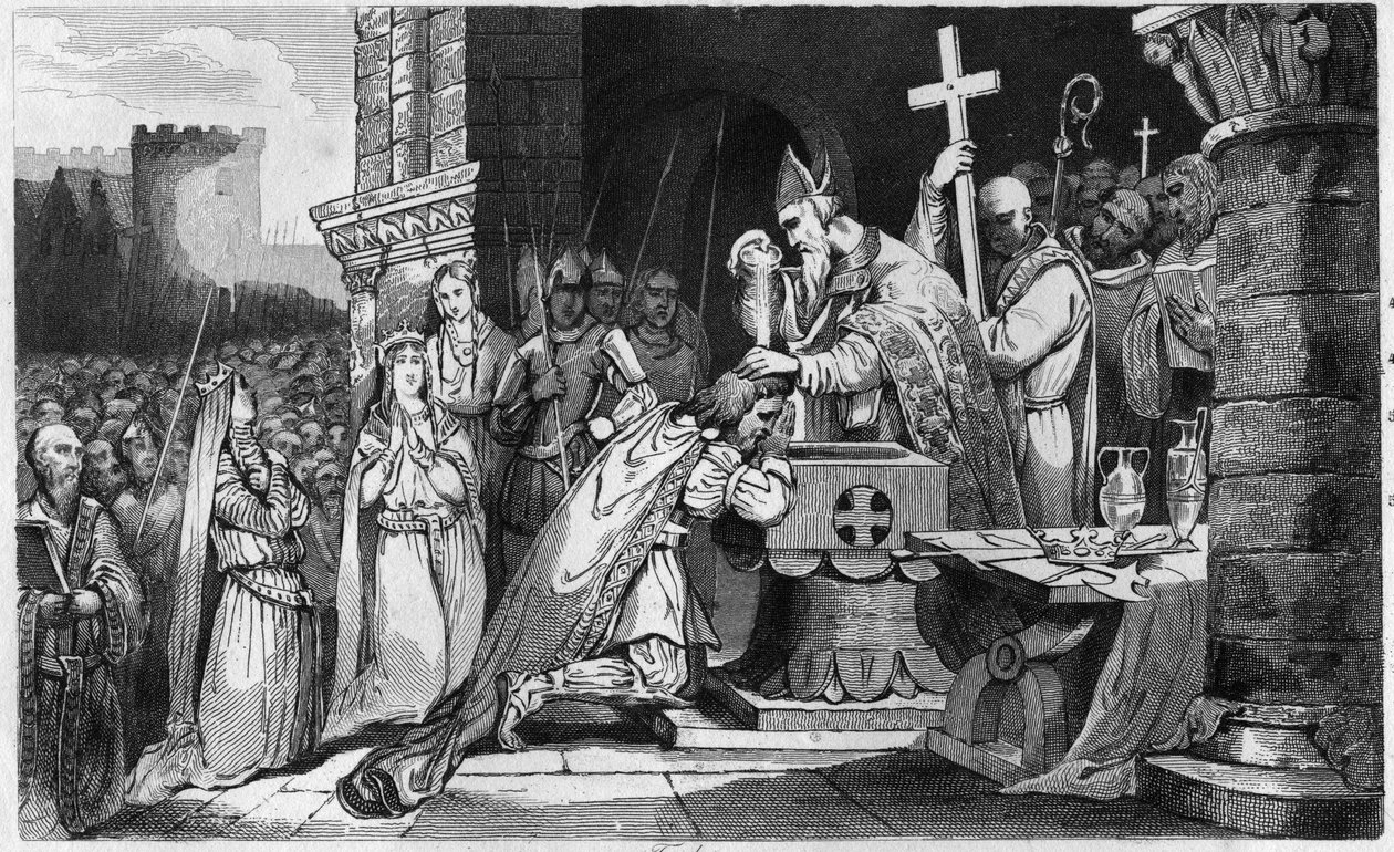 Clóvis I (465-511) Baptizado com homens do seu exército antes da batalha de Tolbiac - Baptismo de Clóvis 1, 25 de Dezembro 496: le roi des Francs (466-511) é baptizado por São Remi (437-533), eveque de Reims, na Igreja de São Martinho - Gravura 1825 em "Hi de Ambroise Tardieu