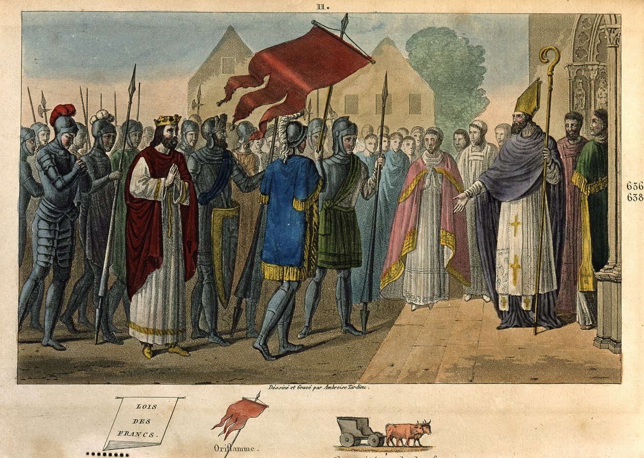 Dagobert 603 a 639 retirando a bandeira em St Denis - Dagobert I (? - 639), Rei dos Francos, Dinastia dos Merovingianos. Ele fundou a abadia de Saint Denis, onde depositou a chama do orifício. Arrasto e sepultura por Ambroise Tardieu, em 1825. de Ambroise Tardieu