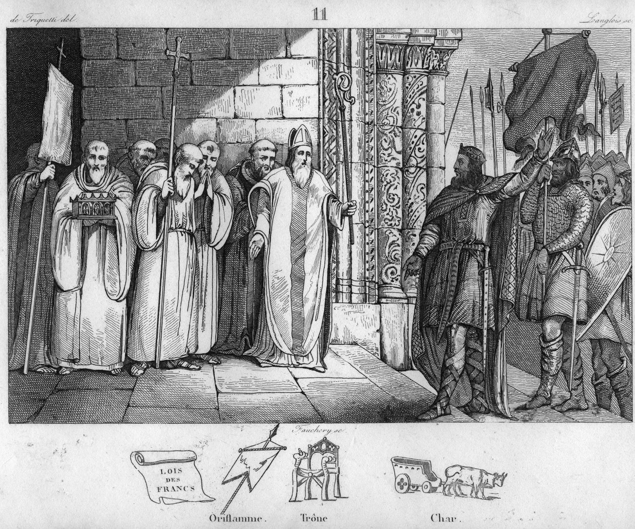 Dagobert 603 a 639 retirando a bandeira em St Denis - Dagobert I, rei dos Francos, tendo criado a abadia de Saint-Denis, tem a chama de orifício depositada ali por volta de 634 - Gravura de 1825 em "Histoire de France representada por pinturas sinópticas d de Ambroise Tardieu