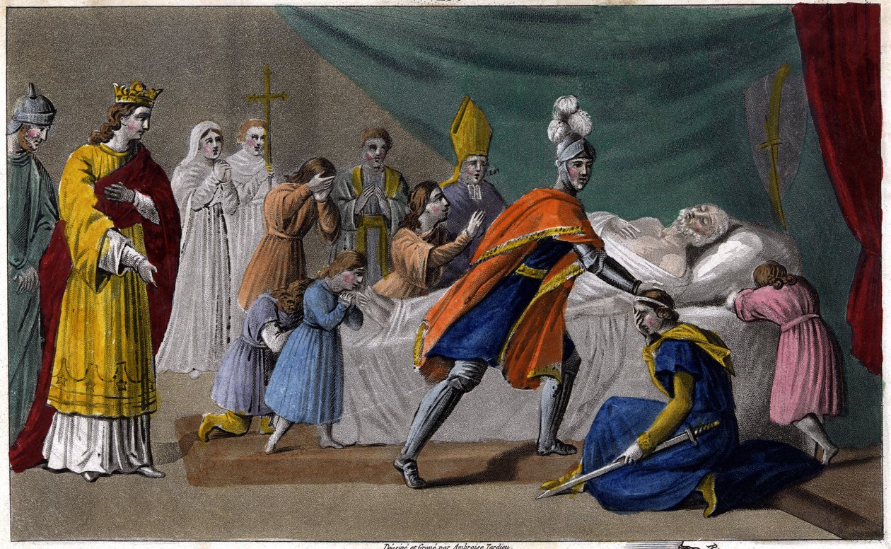 Morte de Pepin de Herstal (635-714) cercado por sua família - Morte de Pepin de Herstal (avô de Pepin le Brief), cercado por sua família e na presença de Dagobert III (714) - Sorteio e sepultura por Ambroise Tardieu em 1825 de Ambroise Tardieu
