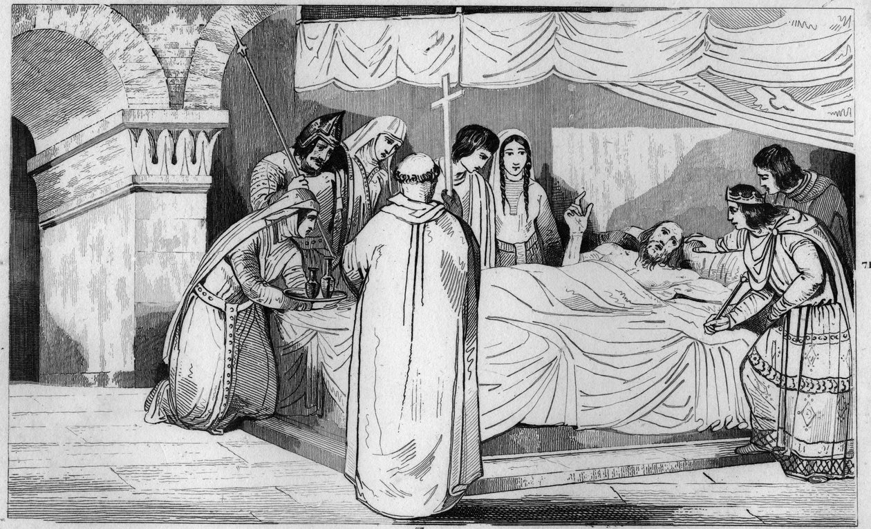Morte de Pepin de Herstal (635-714) rodeado pela sua família - Morte de Pepin de Herstal (avô de Pepin le Brief), rodeia a sua família e na presença de Dagobert III (em 714) - Gravura de 1825 no "Histoire de France representado pela dor sinóptica de Ambroise Tardieu