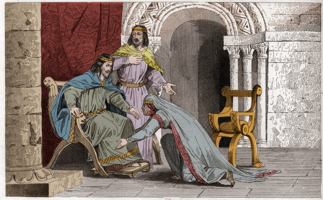 Emma beija o joelho de seu marido Raoul (d936) em reconhecimento de sua soberania - Emma de France (894-934) beijando os joelhos de seu marido Raoul (ca. 890-936) que ela escolheu como rei durante o cativeiro de Carlos III o Simples - Gravura de 1825 em de Ambroise Tardieu