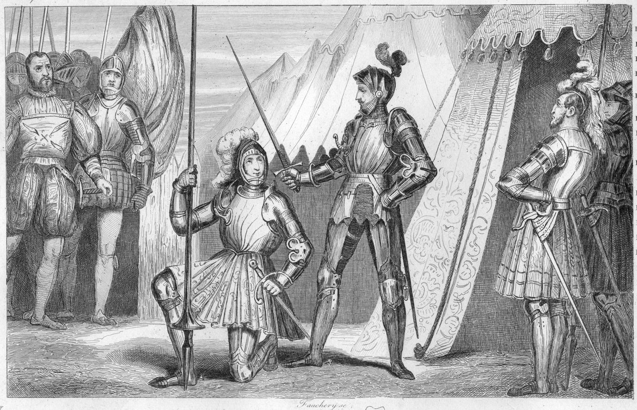 Francisco I da França pede para ser cavaleiro do Cavaleiro Bayard após vitória na Batalha de Marignano, Itália de Ambroise Tardieu